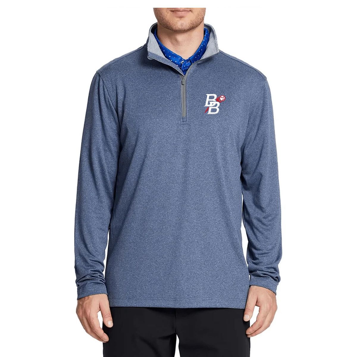Pennant Pullover Navy Quarter Zip on model